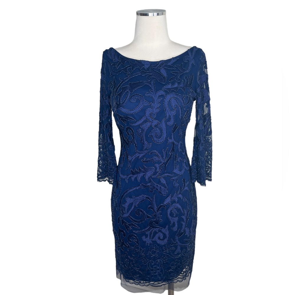 Aidan MATTOX ($475) Beaded Sheer Mesh Sleeve Navy Blue Cocktail Dress 4 - Picture 10 of 14
